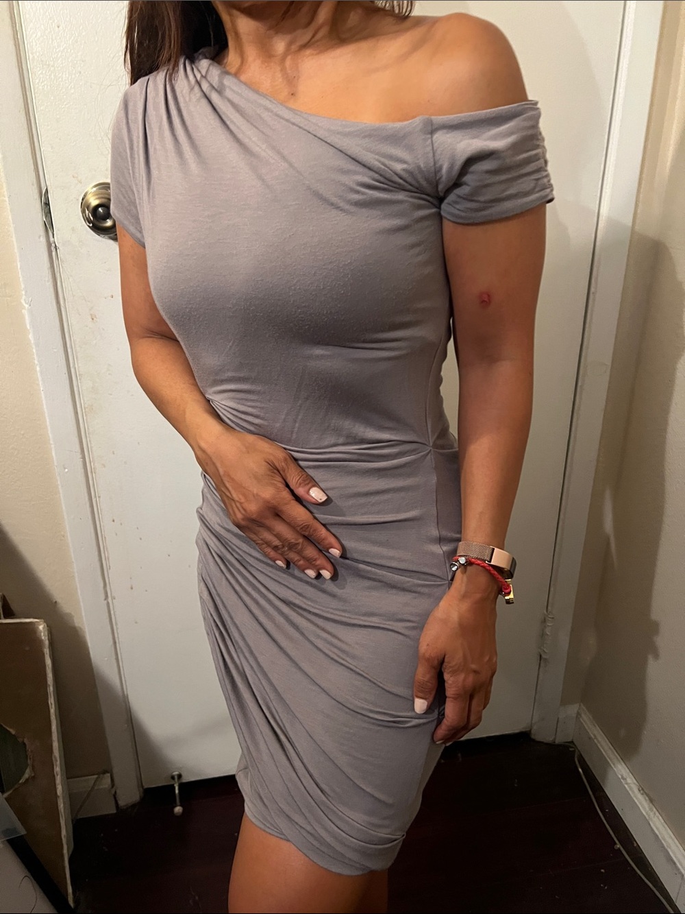 bebe One-Shoulder Ruched Bodycon Dress in Light Gray